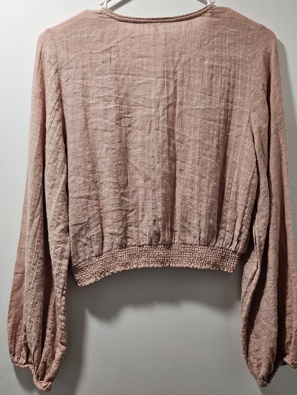 Free People Dusty Rose Smocked Wrap Crop Top XS | Boho Balloon Sleeve Blouse